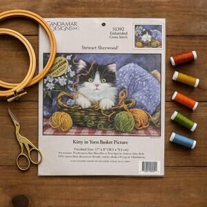 Kitty in Yarn Basket – Vintage Embellished Cross Stitch Kit by Candamar Designs
